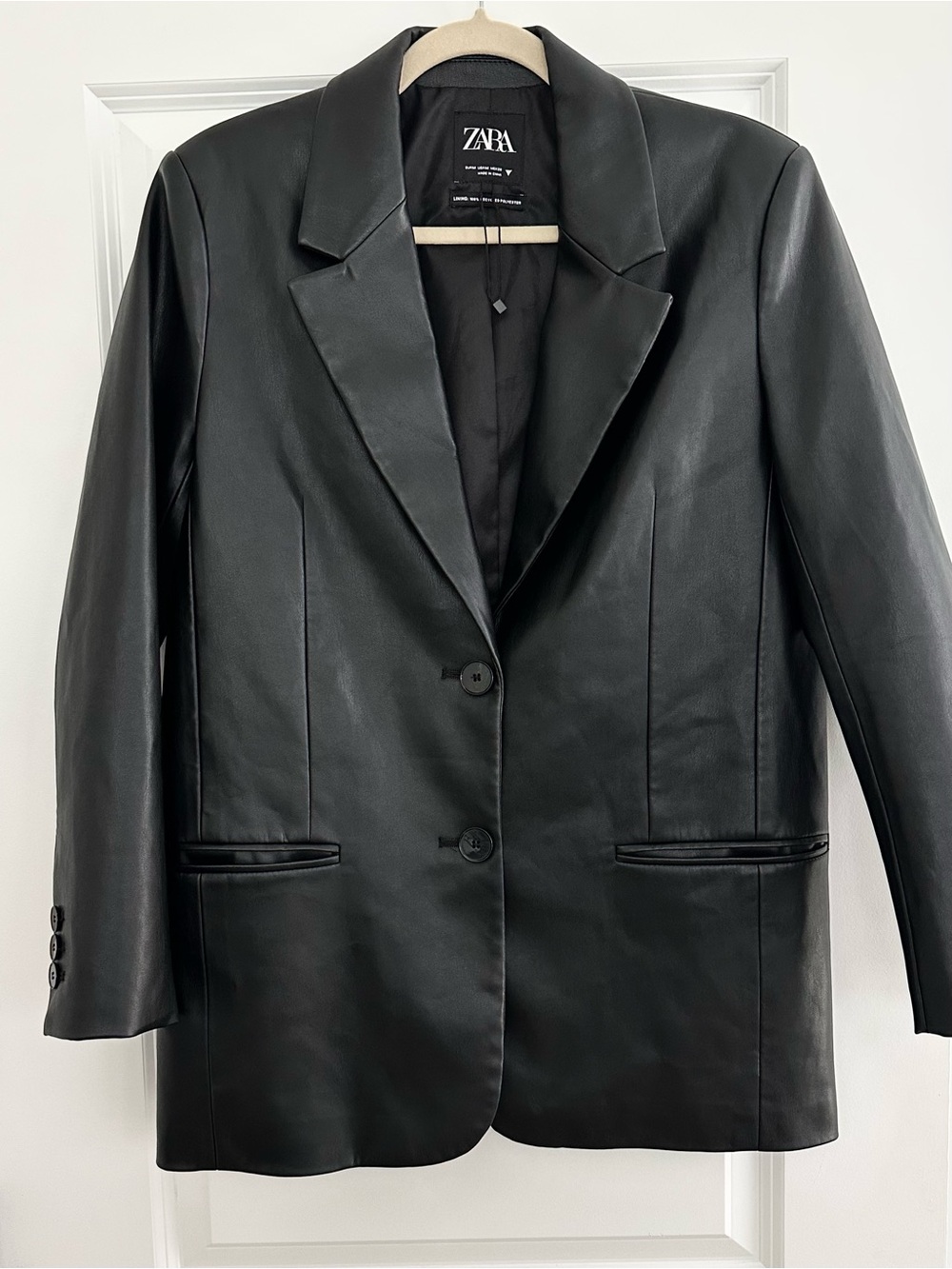 Zara Black Faux Leather Oversized Menswear Style Fall Blazer Jacket